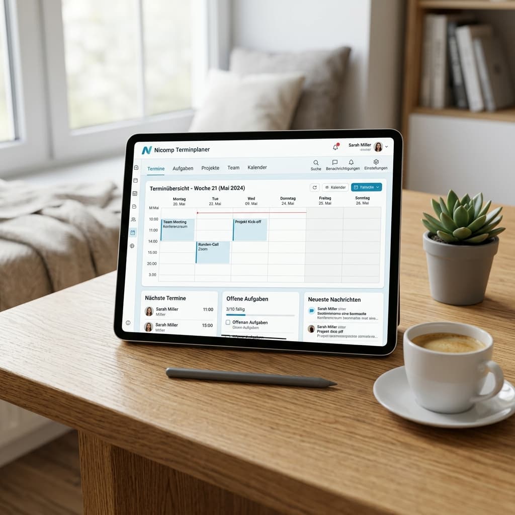 Nicomp Terminplaner Dashboard Mockup auf einem Tablet