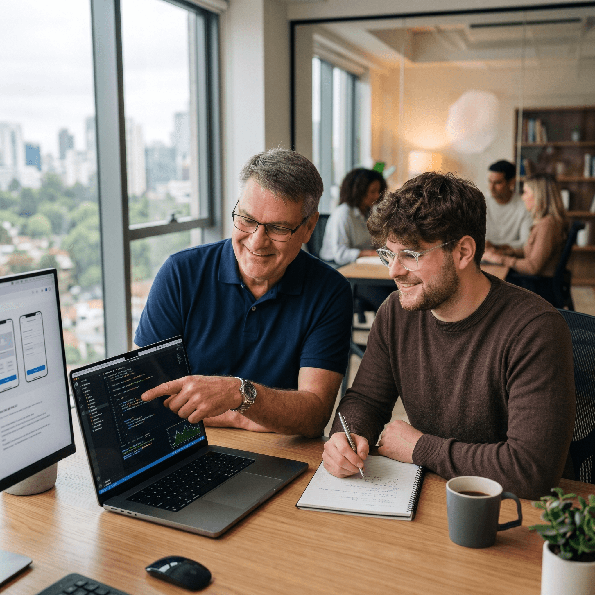 Vater und Sohn arbeiten gemeinsam an einem Laptop